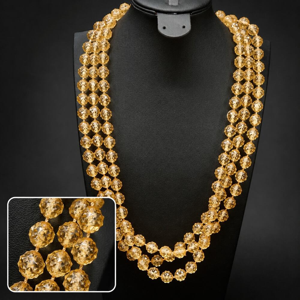 Vintage 3 Strand Yellow Faceted Bead Necklace‎ 26" Multi Strand Layered Acrylic